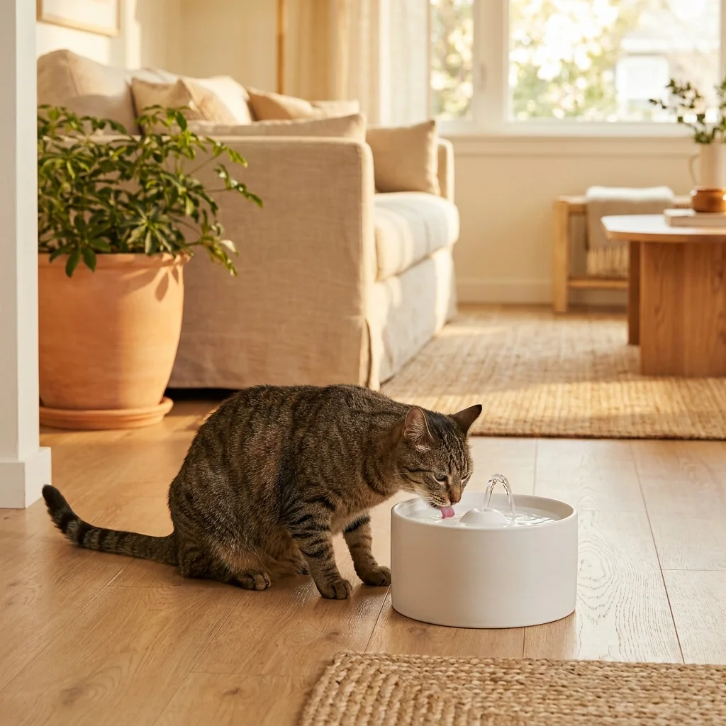 A cat drinking from the Purl cordless water fountain in a sunlit living room